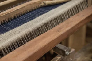 Macro view of taut wool warp threads on a low-warp wooden loom with a band of weft-faced flat weaving in progress
