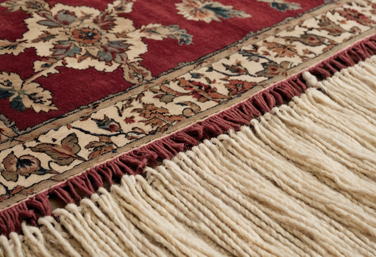 Corner of a hand-knotted wool pile carpet with a pale ground, shaped medallion motif and scrolled floral border